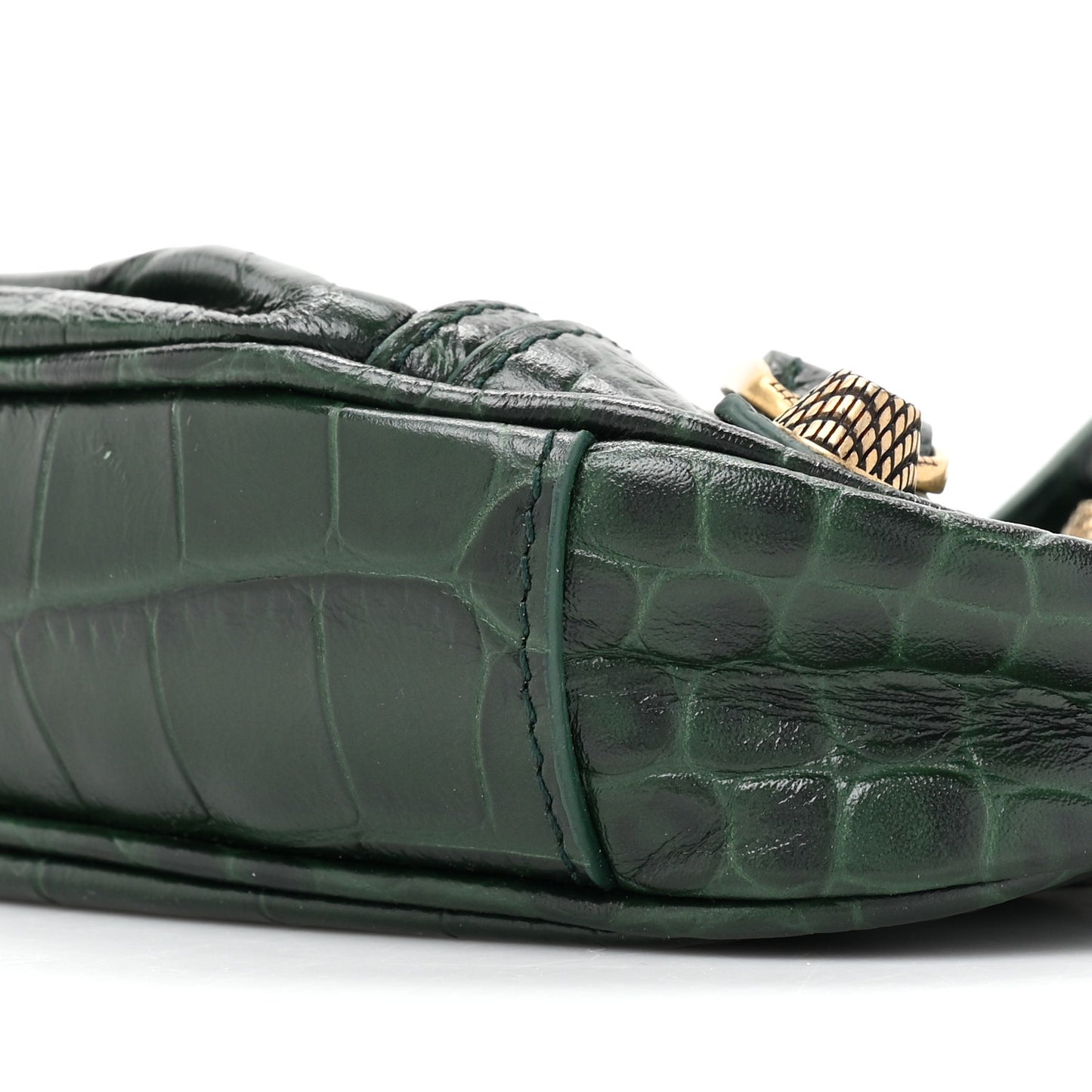 Extra Supple Calfskin Crocodile Embossed Mini Le Cagole Purse With Chain Forest Green