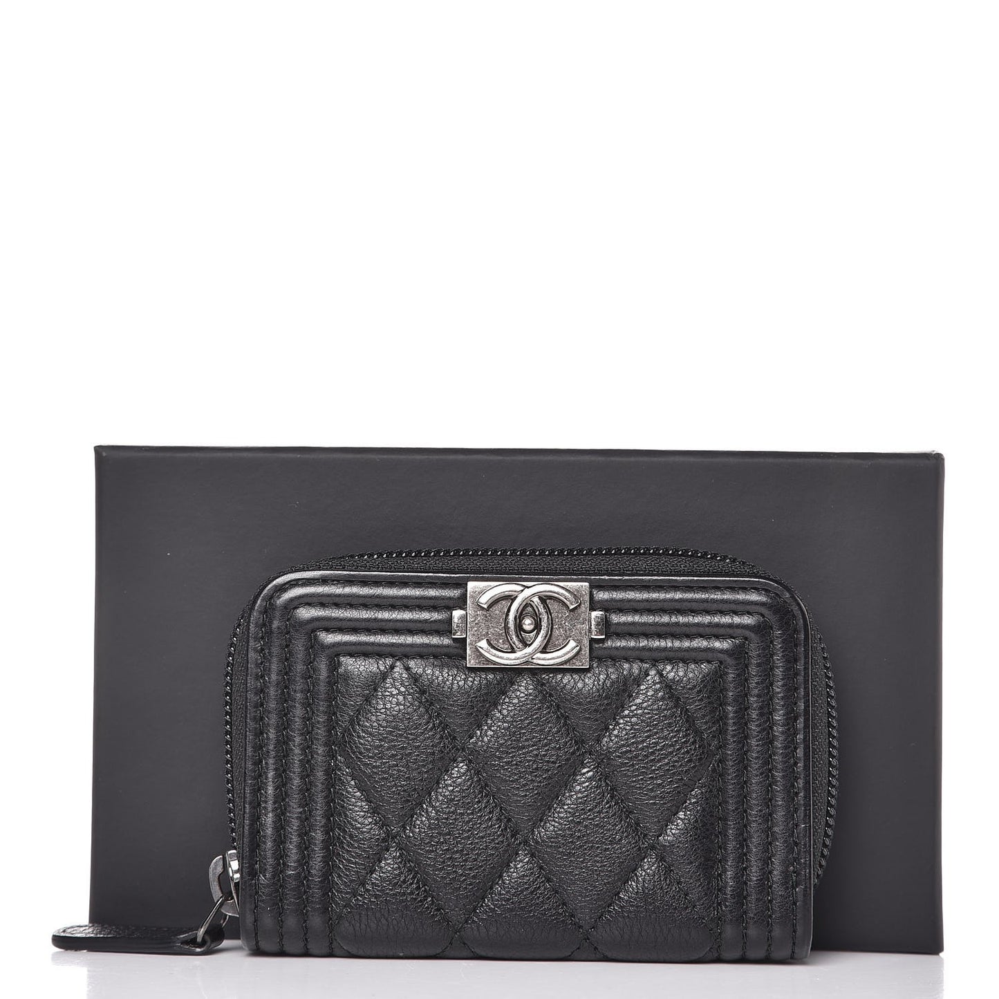 Calfskin Quilted Boy Zip Around Coin Purse Wallet Black