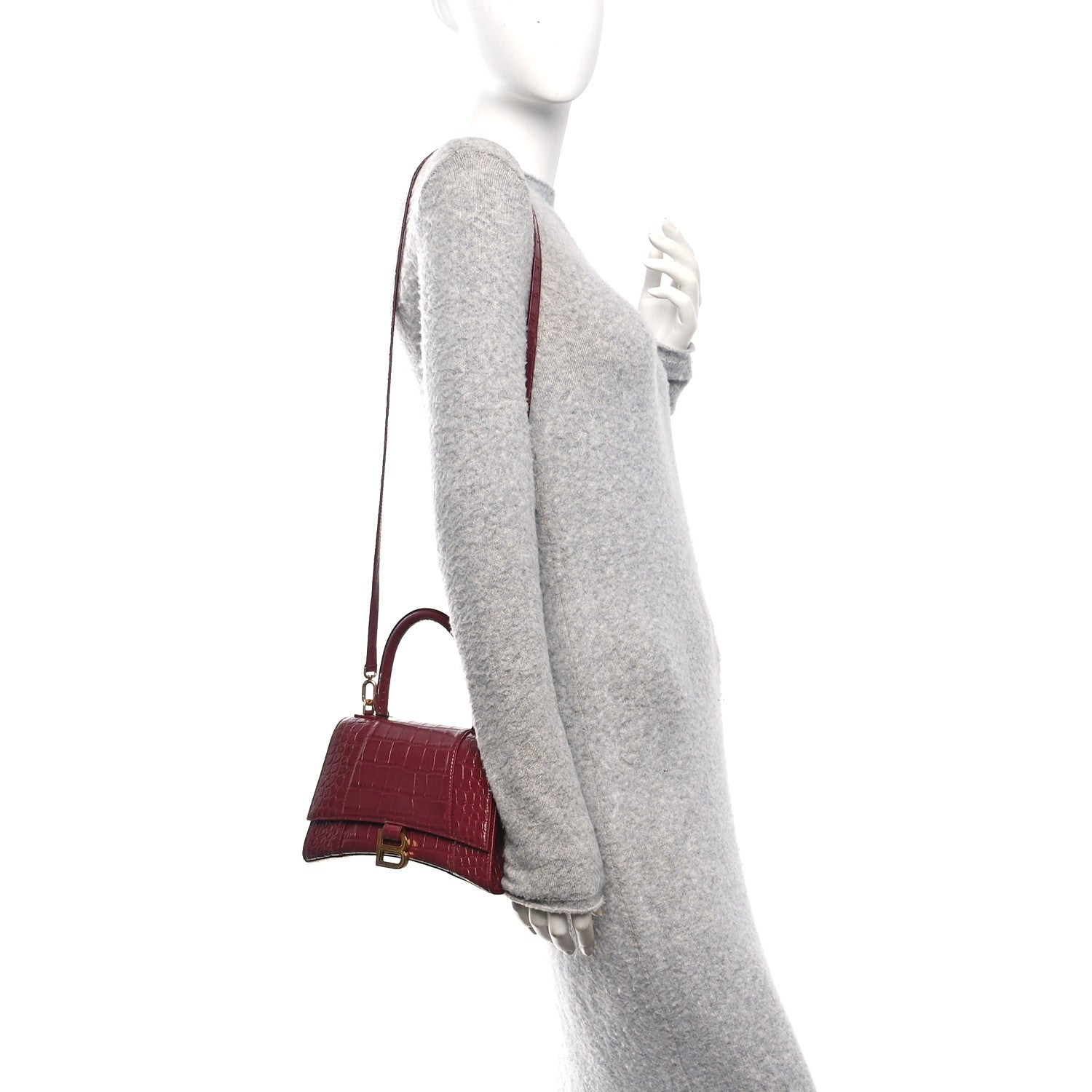 Balenciaga Shiny Calfskin Crocodile Embossed Small Hourglass Top Handle Bag Dark Red 2 of 10