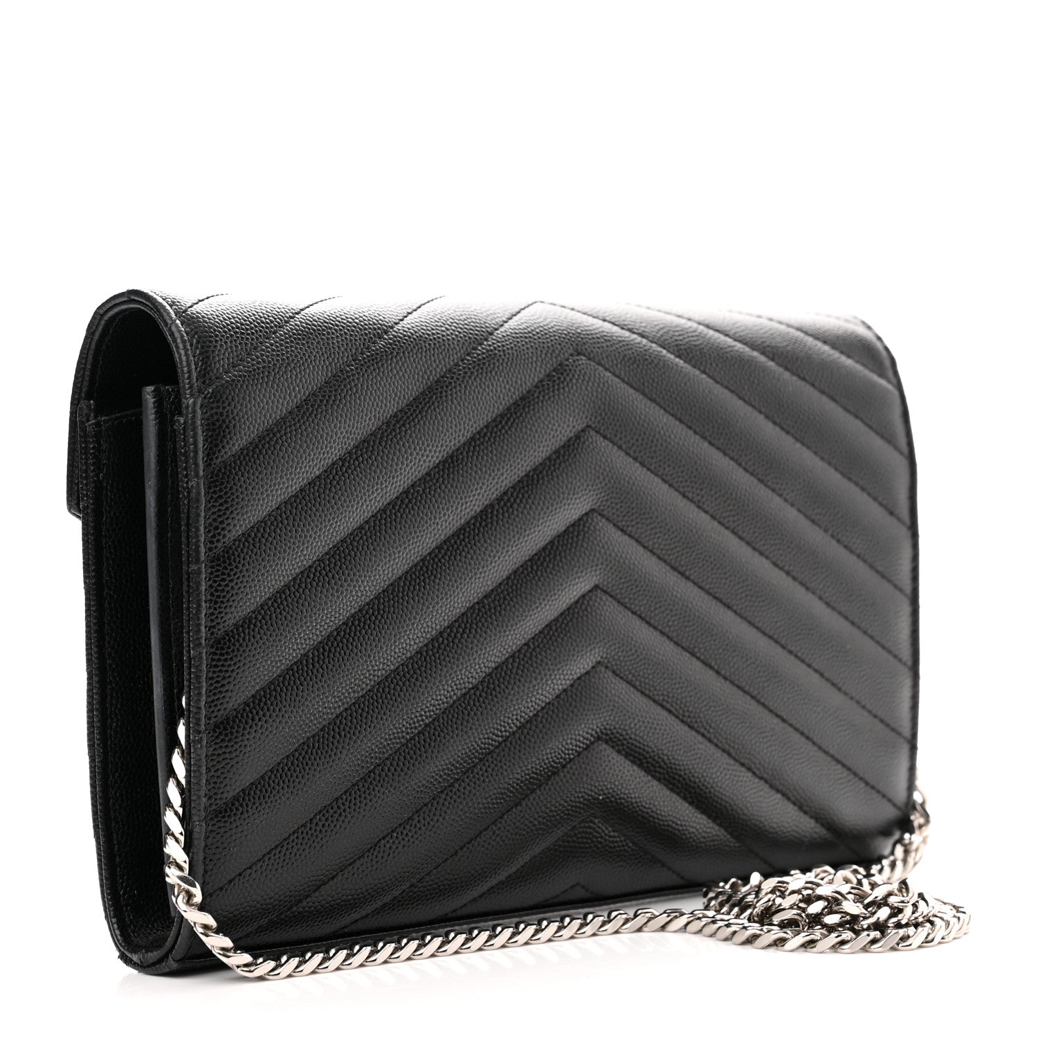 Saint Laurent Grain De Poudre Matelasse Chevron Monogram Chain Wallet Black 3 of 13