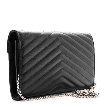 Saint Laurent Grain De Poudre Matelasse Chevron Monogram Chain Wallet Black 3 of 13