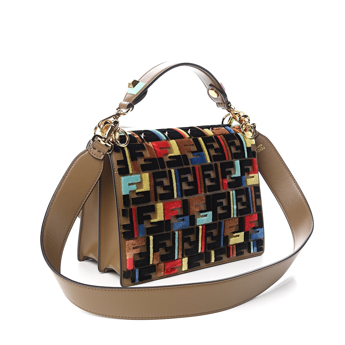 Vitello Liberty Velvet FF 1974 Hearts Padlock Embroidered Kan I Shoulder Bag Fango Multicolor