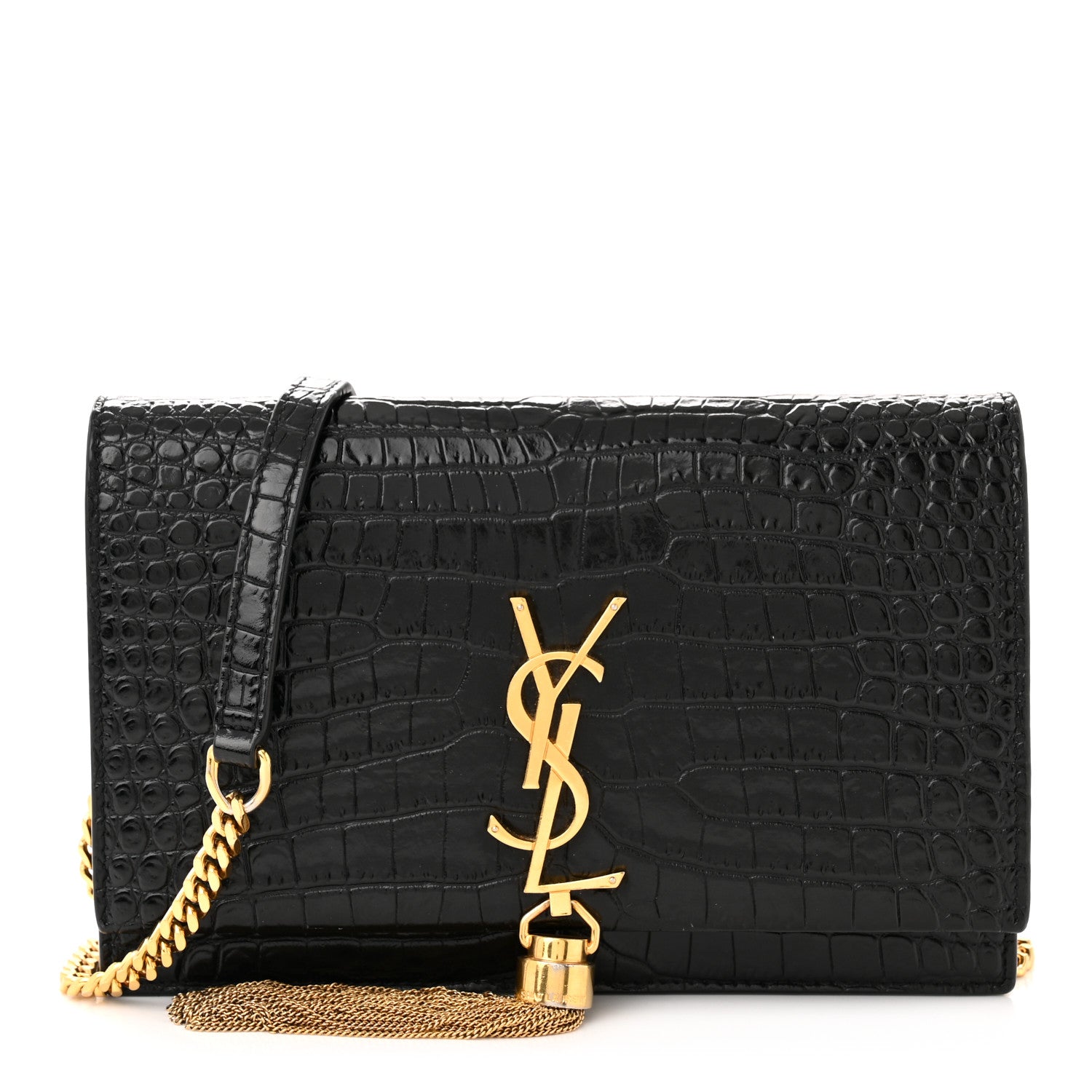Saint Laurent Calfskin Crocodile Embossed Kate Monogram Tassel Chain Wallet Black 1 of 10