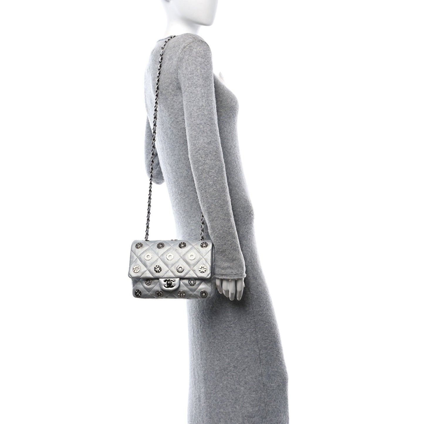 Perforated Metallic Lambskin Small CC Medals Flap Silver