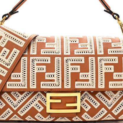 Fendi Vitello Seta FF Ajour Embroidered Baguette Brandy 6 of 8