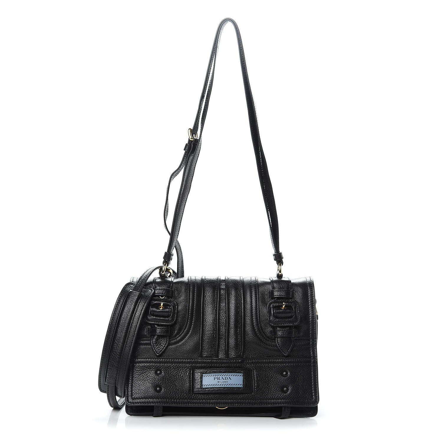 Prada Glace Calfskin Etiquette Flap Shoulder Bag Black 1 of 14