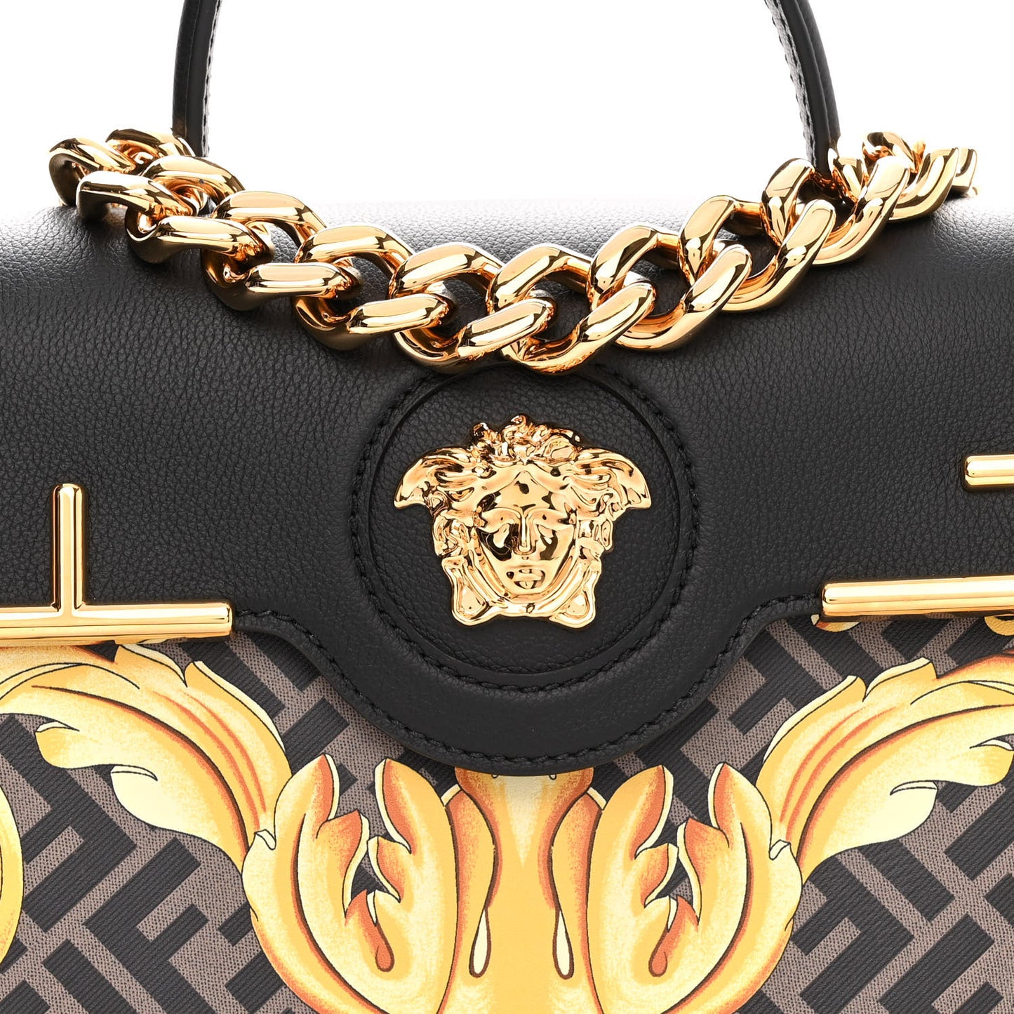 X FENDI Grained Calfskin Fendace La Medusa Medium Top Handle Bag Black Multicolor