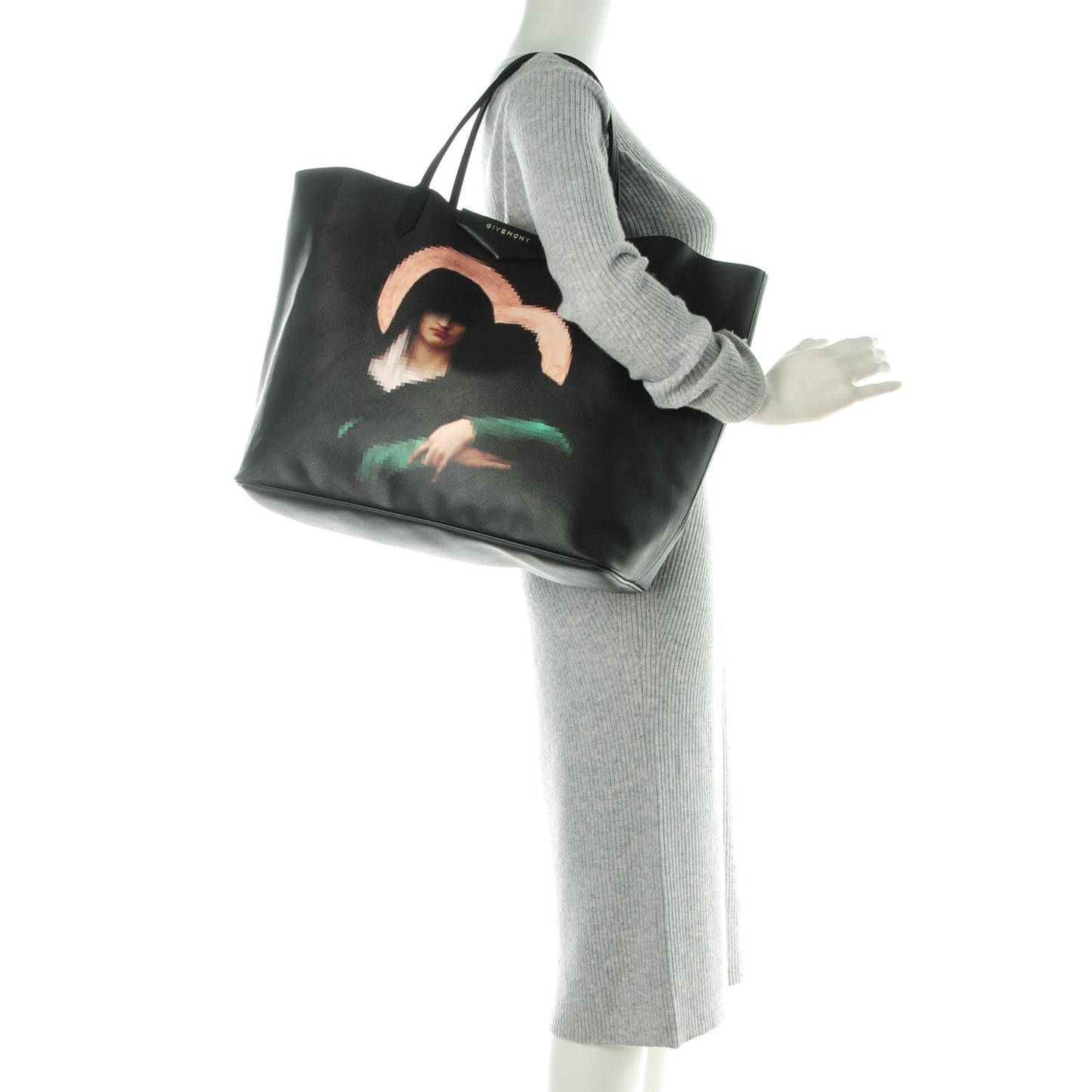 Textured Coated Canvas Pixel Madonna Print Large Antigona Tote Black