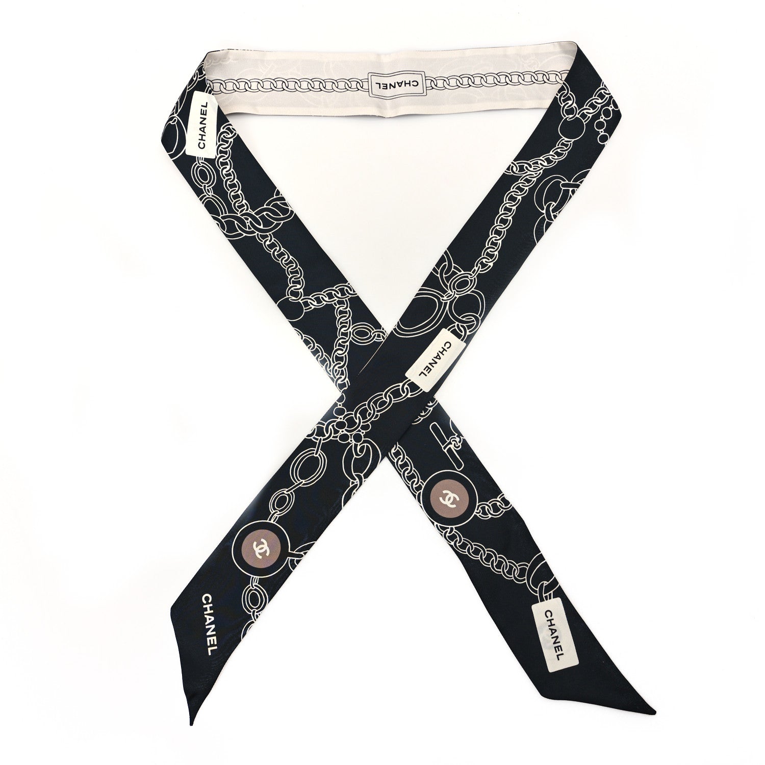 Chanel Silk CC Slim Bandeau Scarf Black Ecru 1 of 3