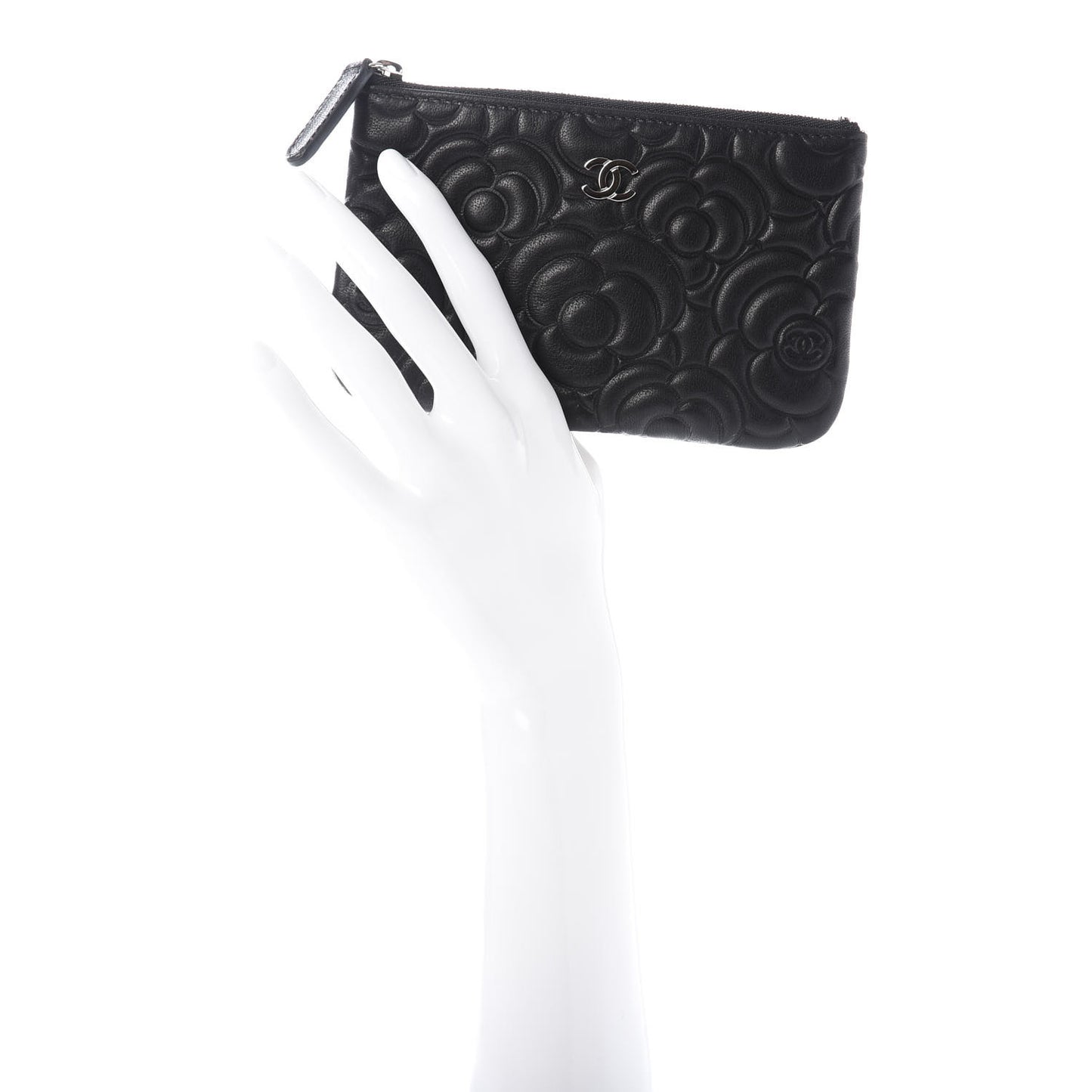 Goatskin Camellia Embossed Cosmetic Pouch Black