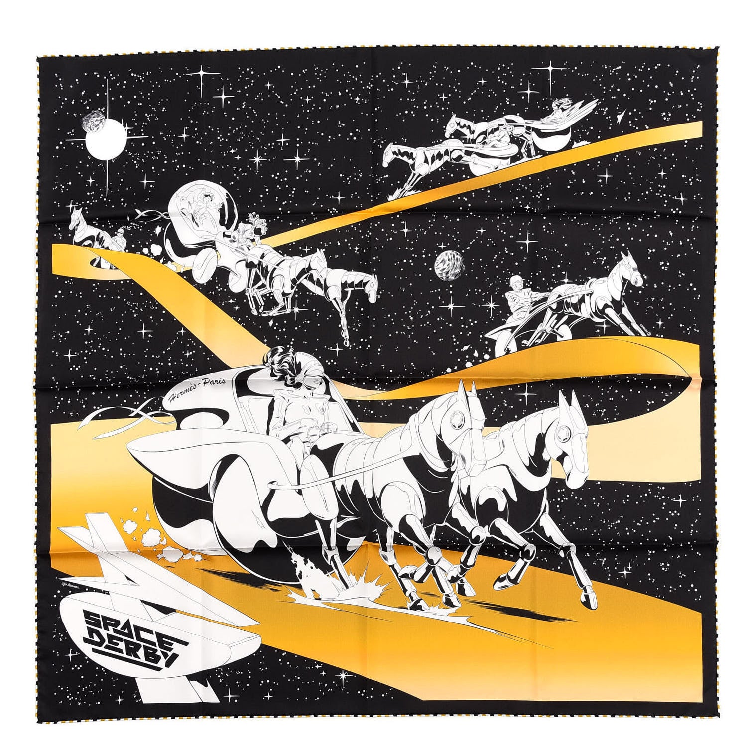 Hermes Silk Space Derby Scarf 90 Black White Gold 1 of 4