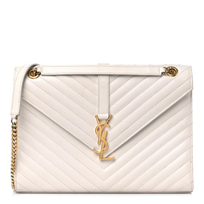 Saint Laurent Grain De Poudre Matelasse Chevron Large Monogram Satchel Dove White 1 of 15