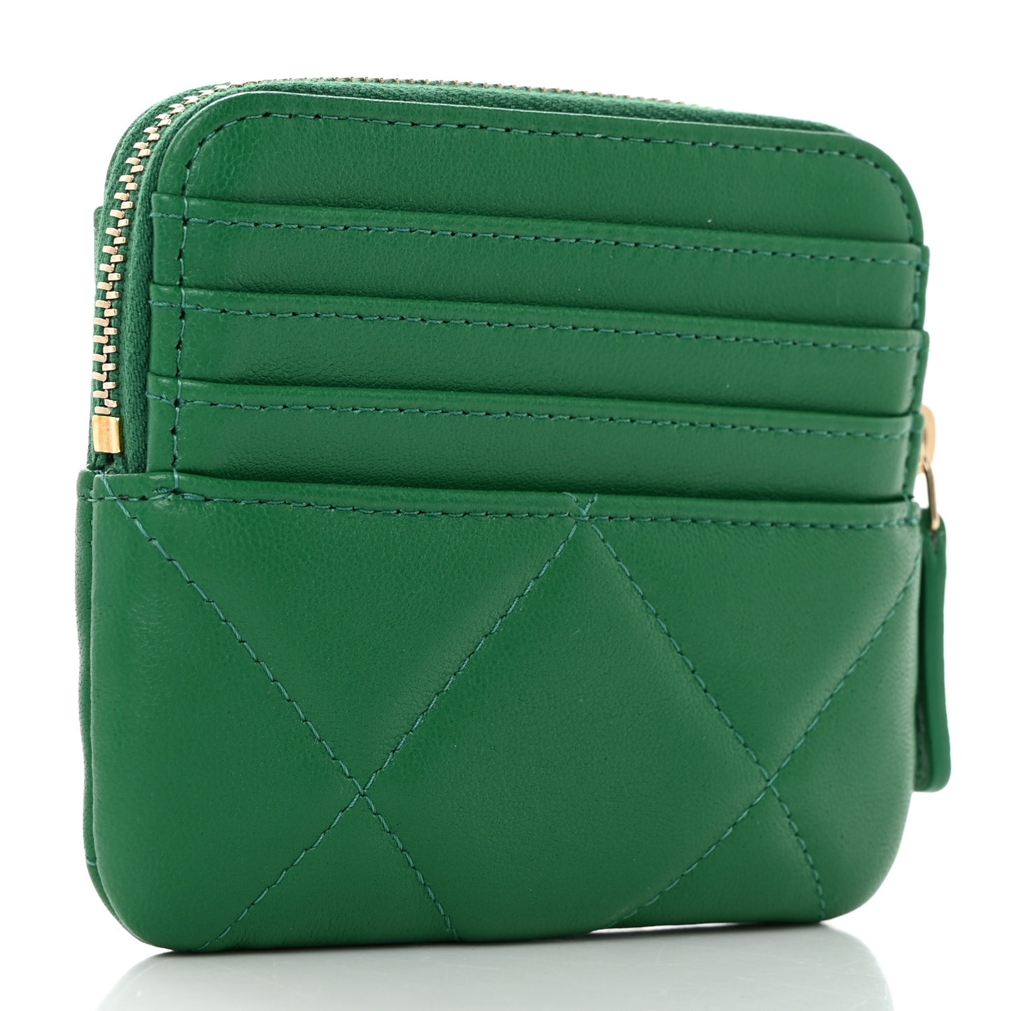 Lambskin Quilted Chanel 19 Zip Card Holder Wallet Green