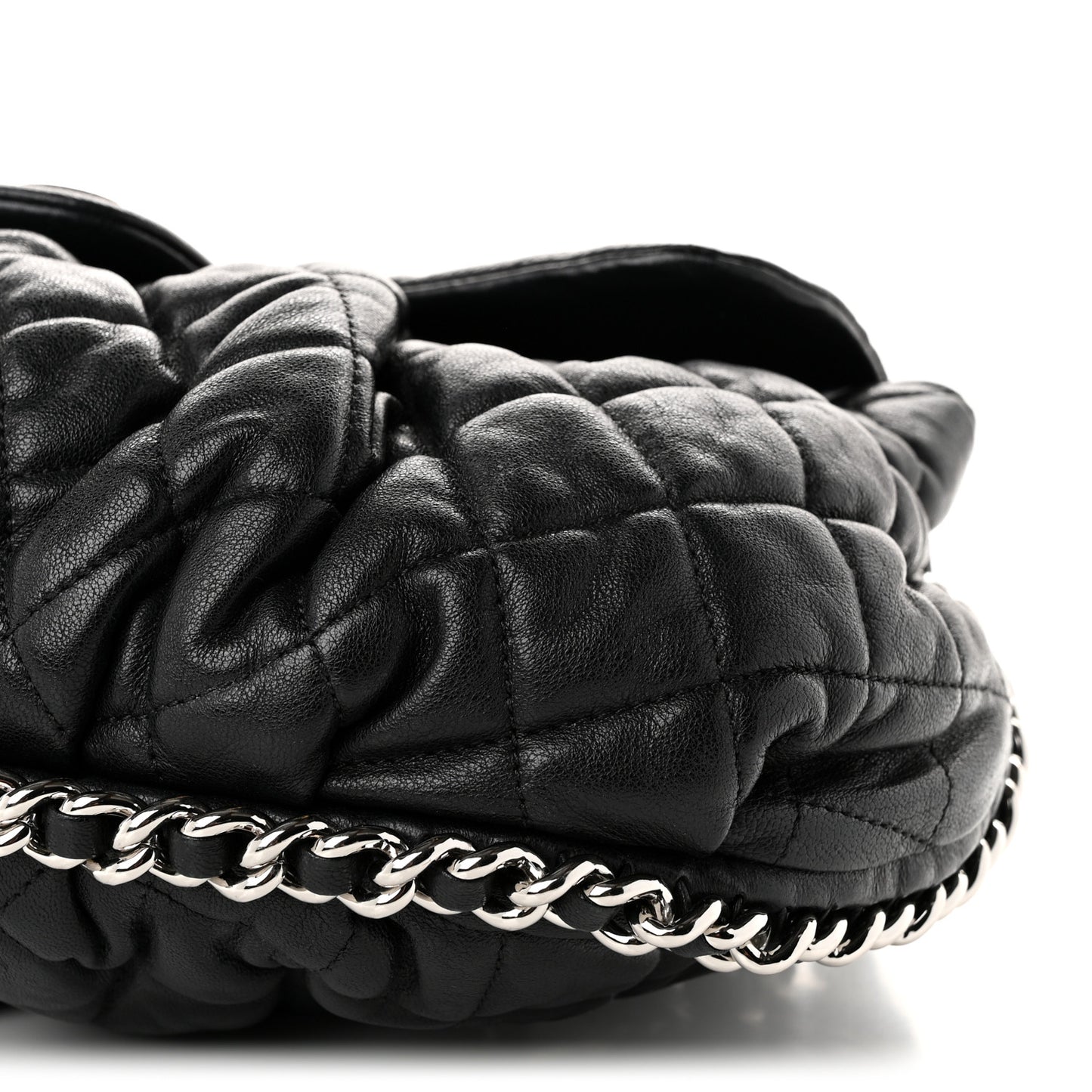 Washed Lambskin Quilted Large Chain Around Flap Black