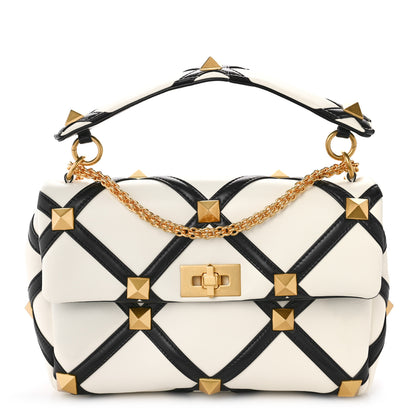 Valentino Garavani Nappa Large Roman Stud Shoulder Bag Ivory Black 1 of 9
