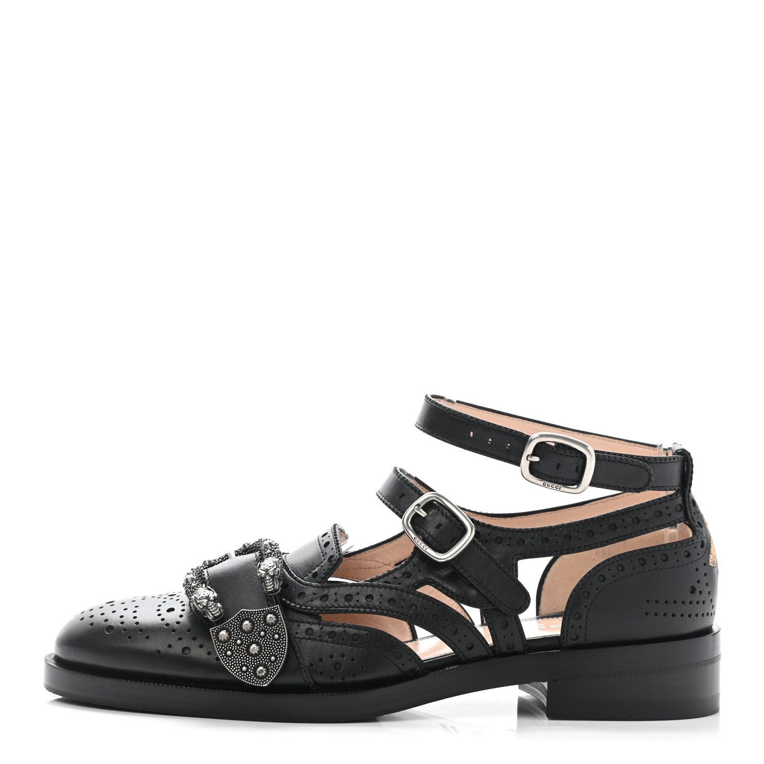 Gucci Calfskin Bee Embroidered Womens Queercore Brogue Wingtip Monk Strap Loafers 37.5 Black 1 of 10