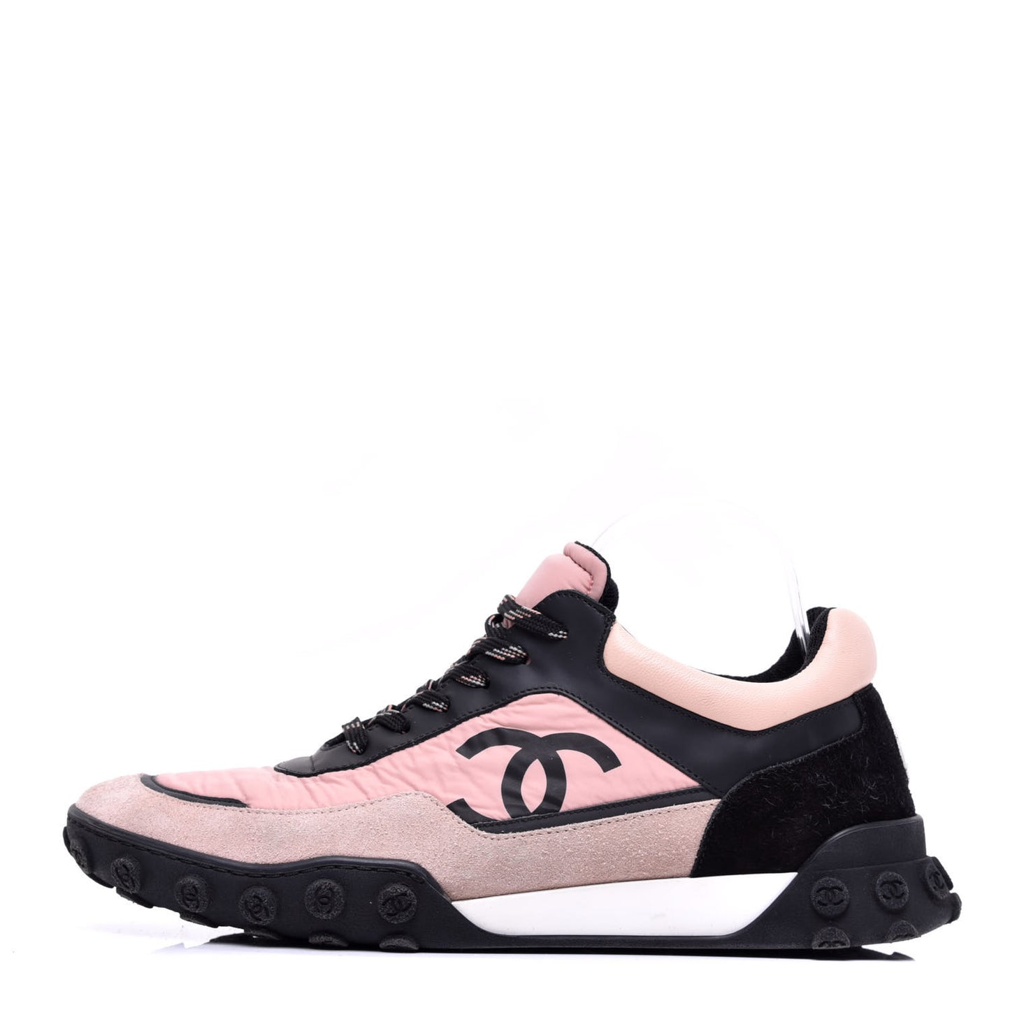 Nylon Calfskin Suede CC Womens Sneakers 42 Pink Black