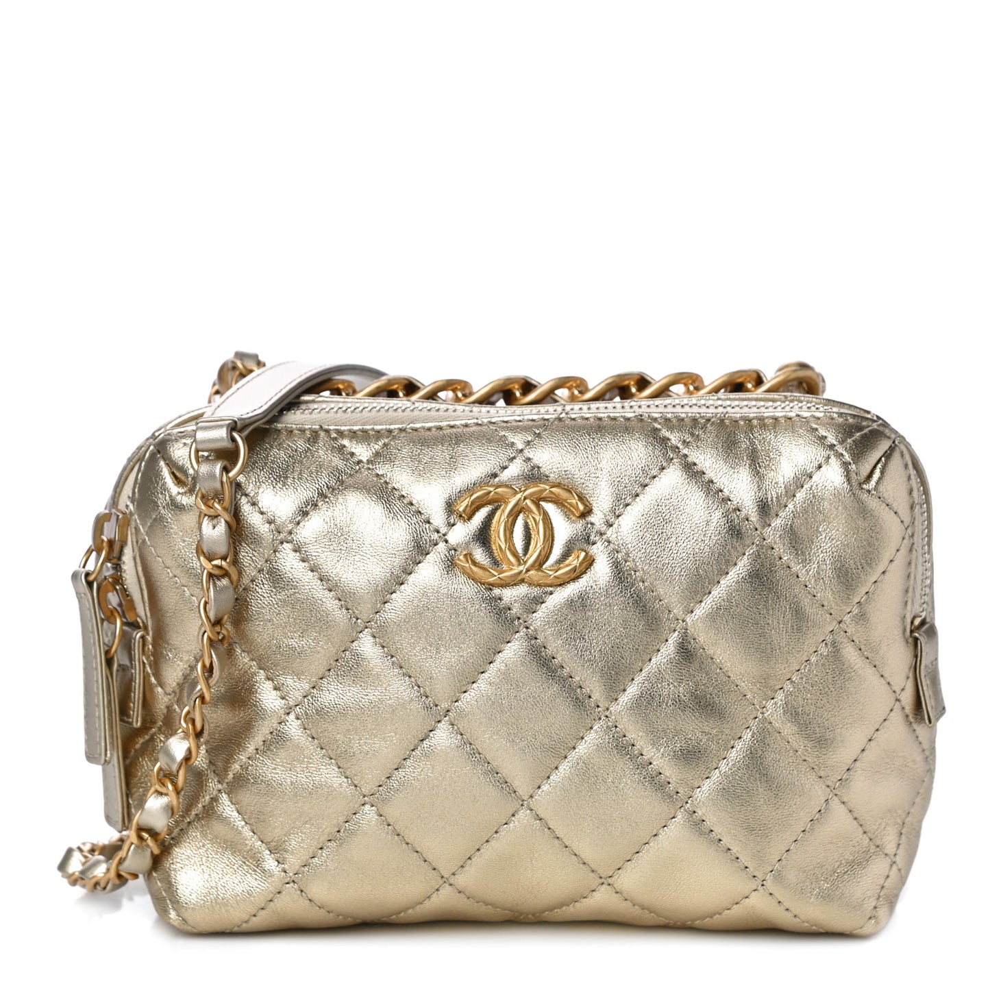 Metallic Lambskin Quilted Mini Bowling Bag Gold