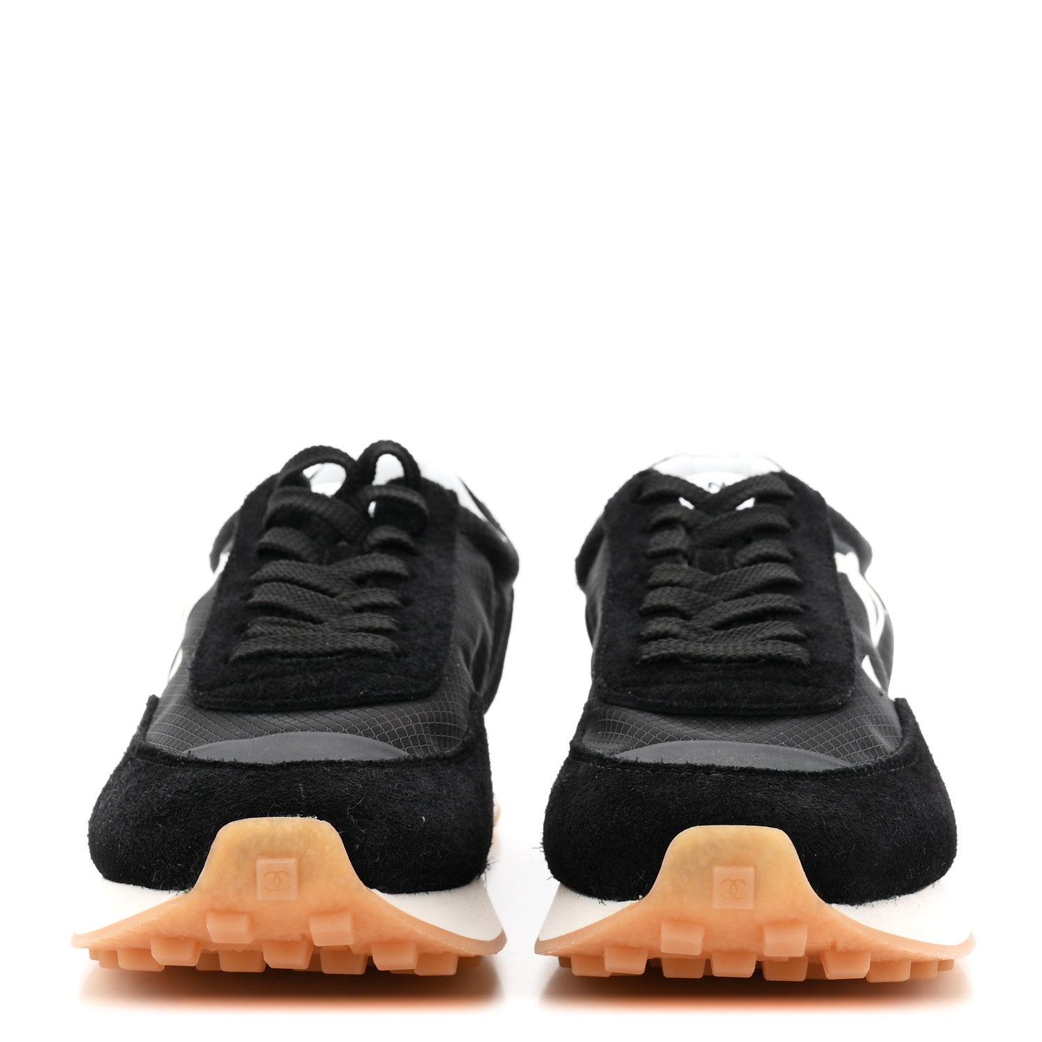Chanel Mesh Suede Calfskin Womens Logo Sneakers 38 Black White 3 of 9