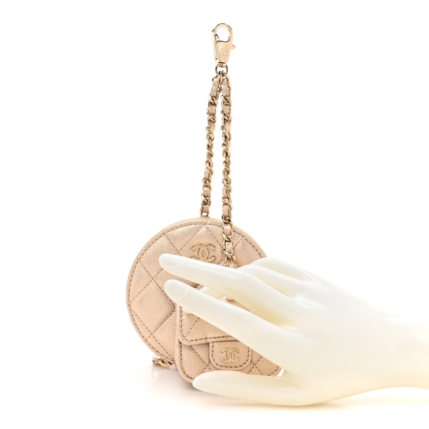 Chanel Metallic Lambskin Quilted Round Clip On Coin Purse Airpods Case Gold 2 of 10