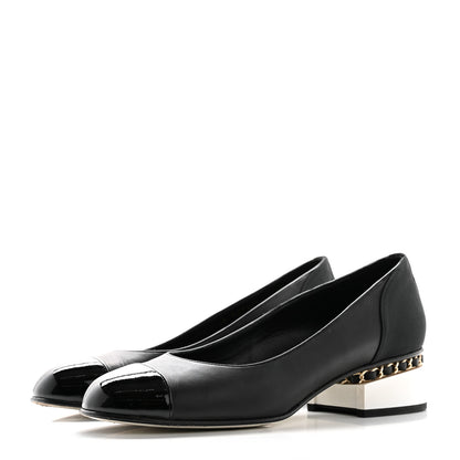 Chanel Lambskin Patent Cap Toe Low Heel Chain Pumps 37.5 Black 3 of 10