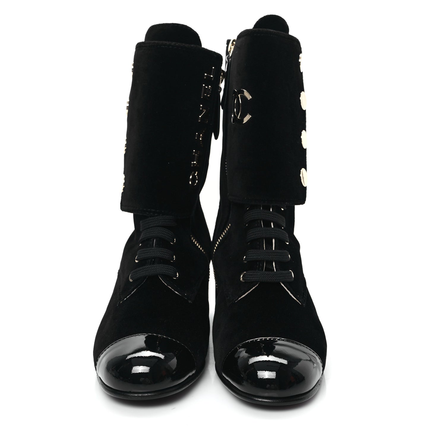Velvet Patent Cap Toe CC Lace Up Boots 38.5 Black