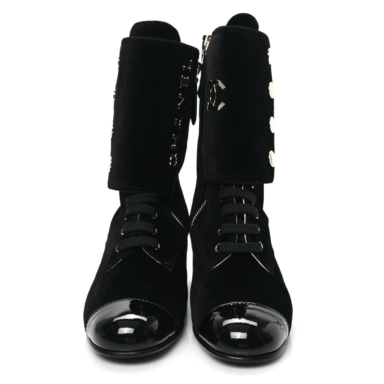 Chanel Velvet Patent Cap Toe CC Lace Up Boots 38.5 Black 4 of 9