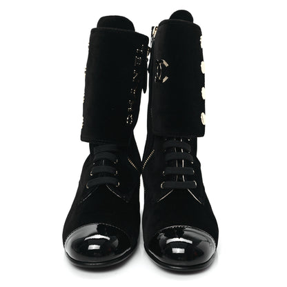 Chanel Velvet Patent Cap Toe CC Lace Up Boots 38.5 Black 4 of 9