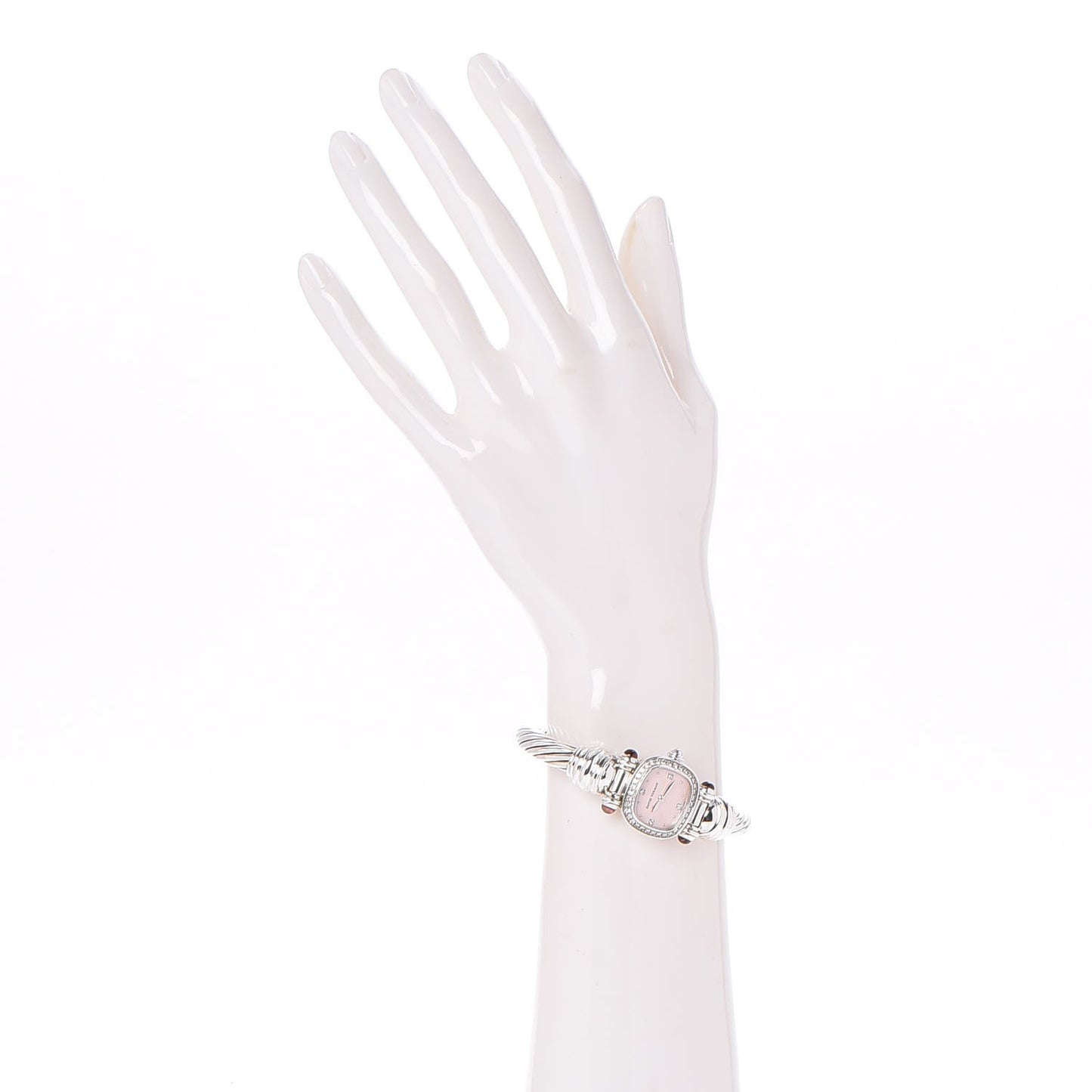 Sterling Silver Diamond Bezel Pink Mother of Pearl Pink Tourmaline 21mm Classic Cable Quartz Watch