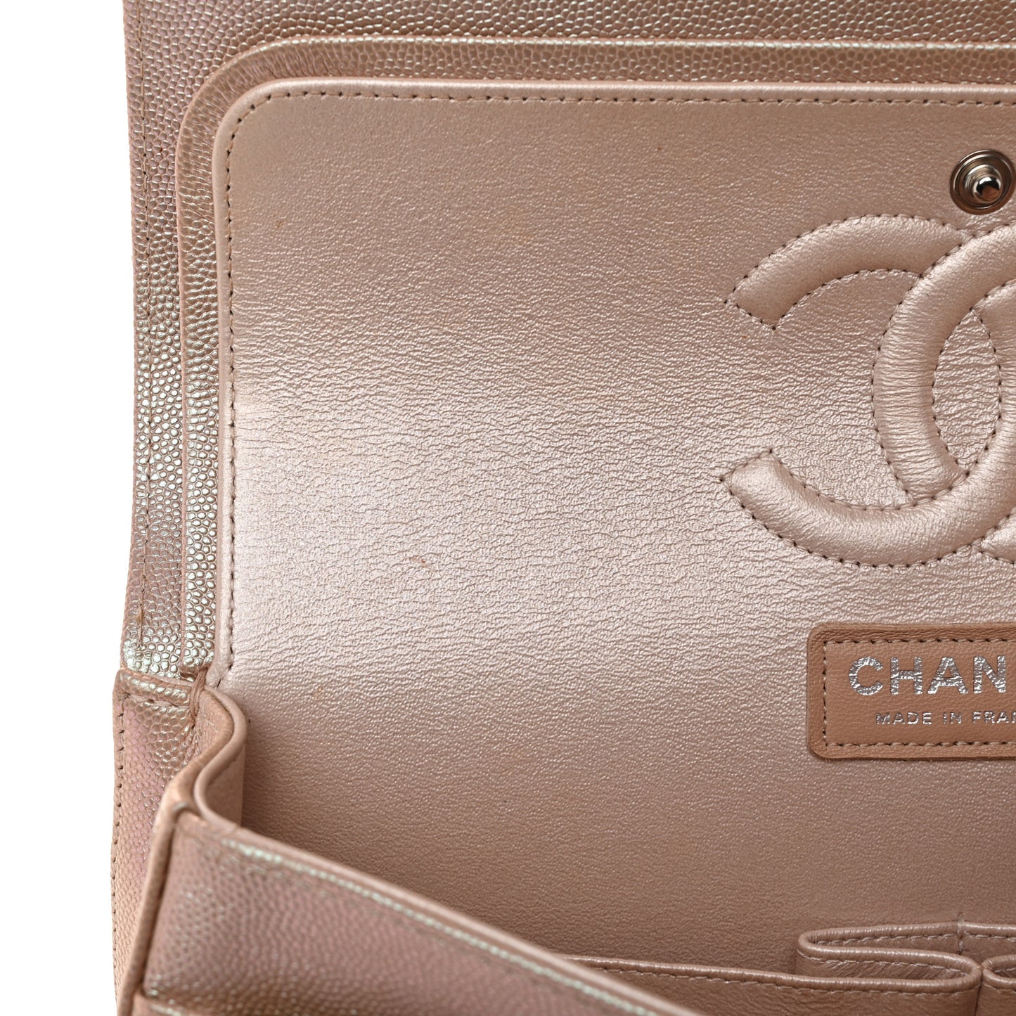 Metallic Caviar Chevron Quilted Medium Double Flap Light Gold