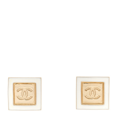Chanel Resin CC Square Earrings Gold White 1 of 5