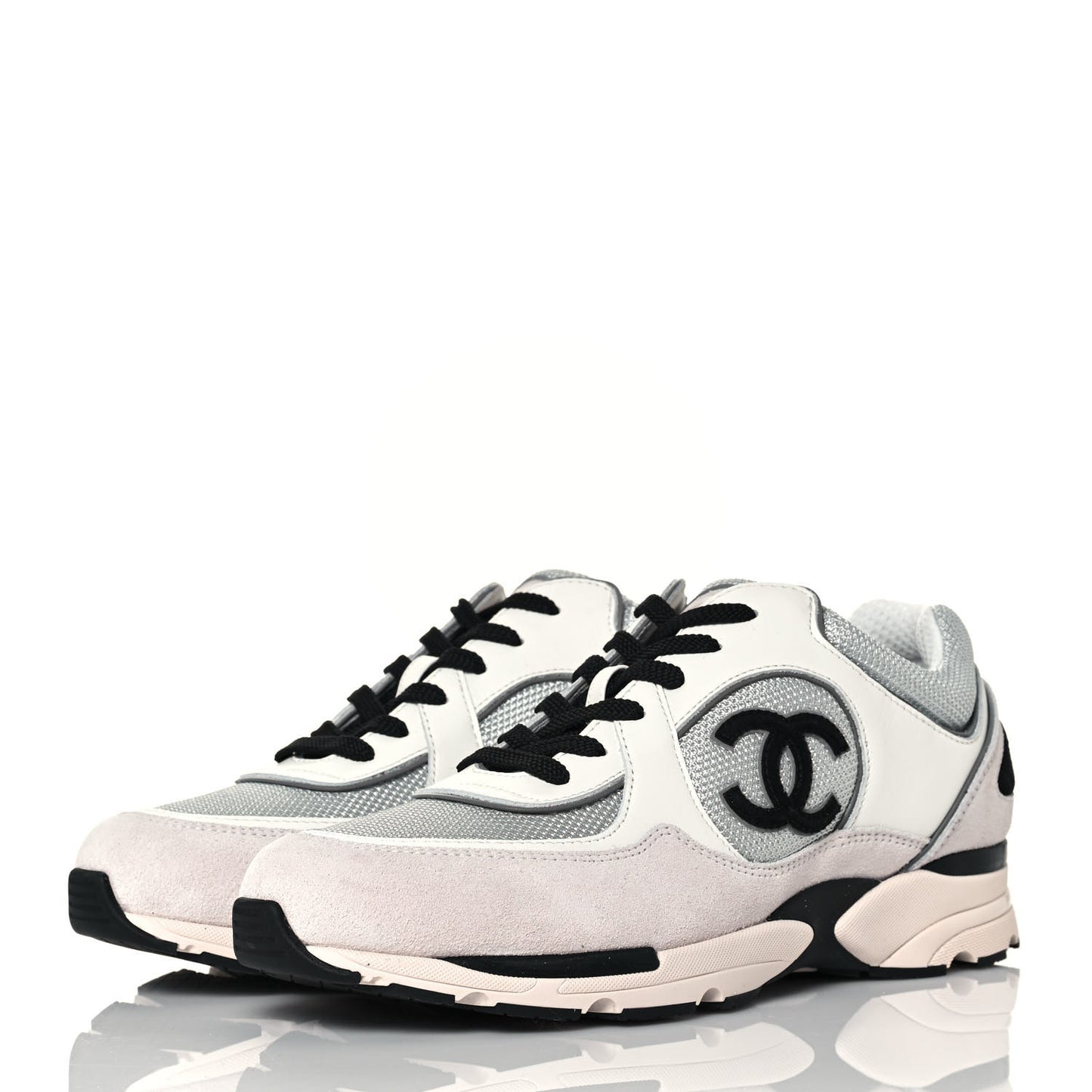 Mesh Suede Calfskin Womens CC Sneakers 41 White Silver Light Grey Pink
