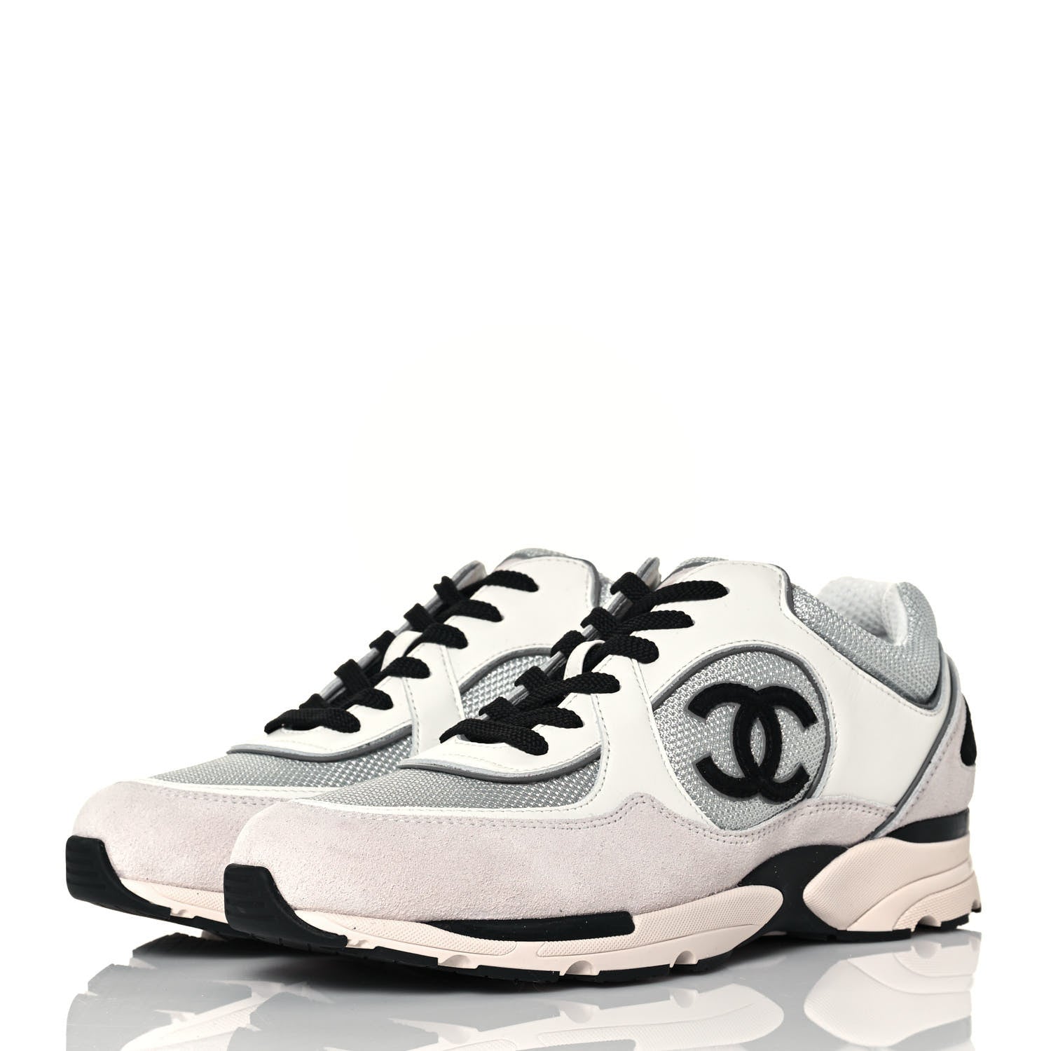 Chanel Mesh Suede Calfskin Womens CC Sneakers 41 White Silver Light Grey Pink 3 of 9