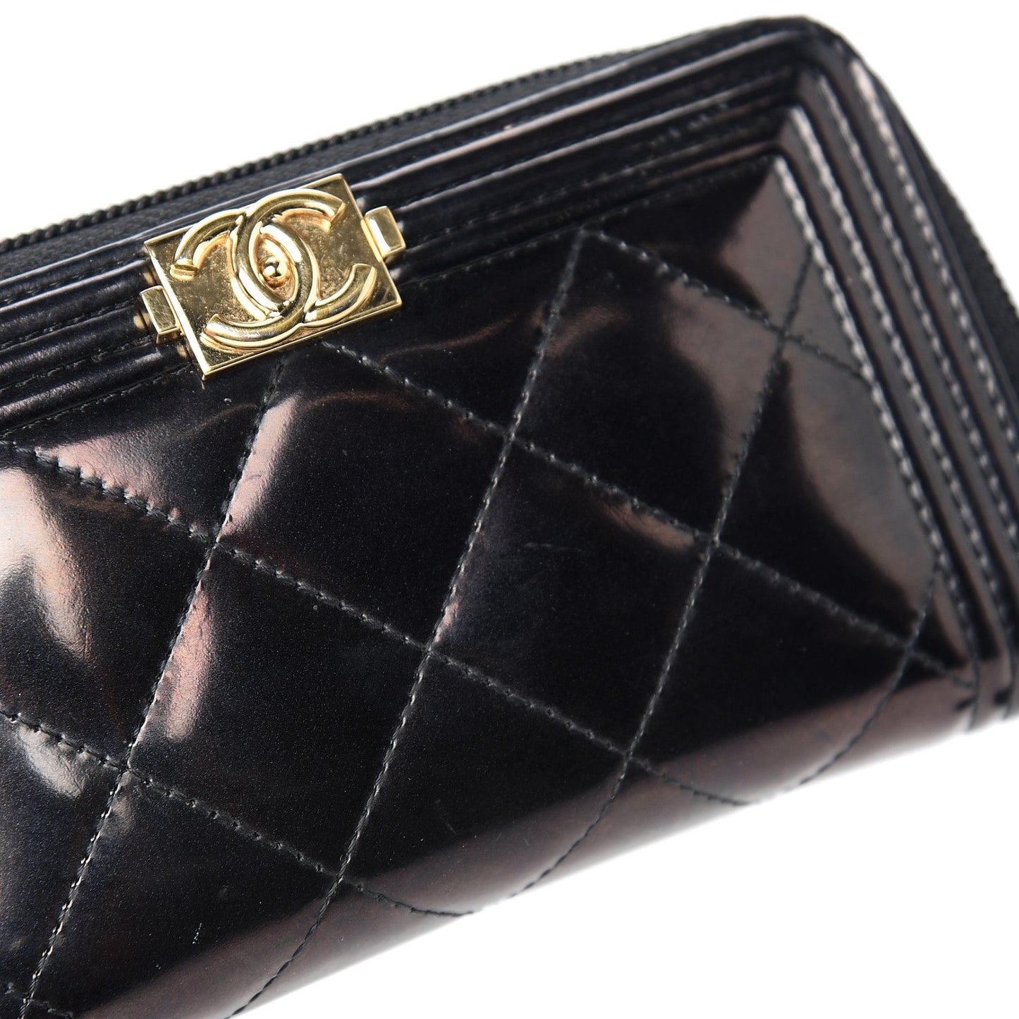 Glazed Calfskin Quilted Small Boy Zip Around Wallet Black