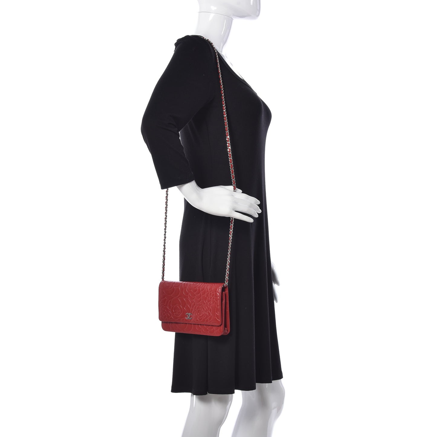 Lambskin Camellia Embossed Wallet On Chain WOC Red