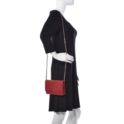 Chanel Lambskin Camellia Embossed Wallet On Chain WOC Red 2 of 21