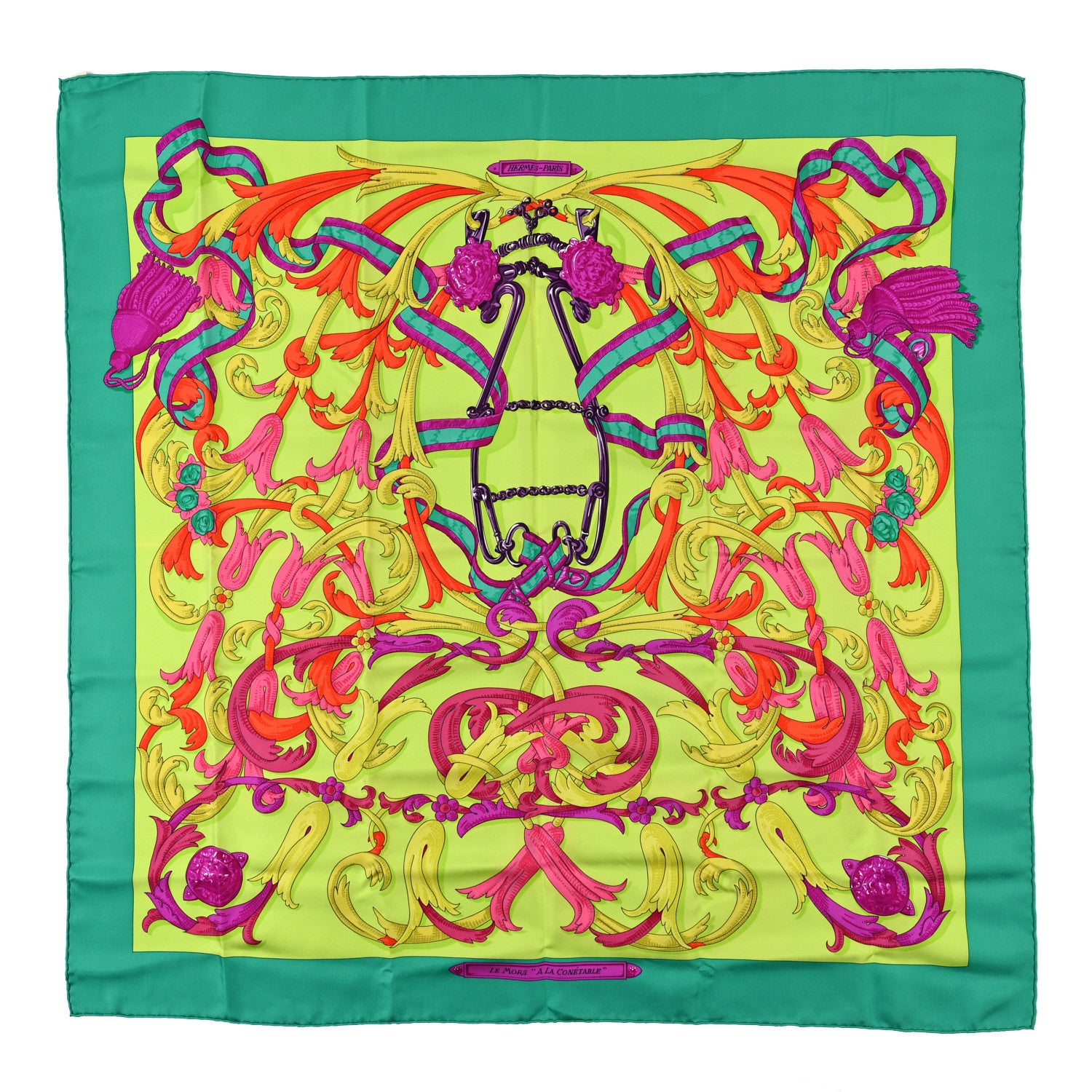 Hermes Silk Le Mors A La Conetable Scarf 90 Vert Cru Pistache Fuchsia 1 of 3