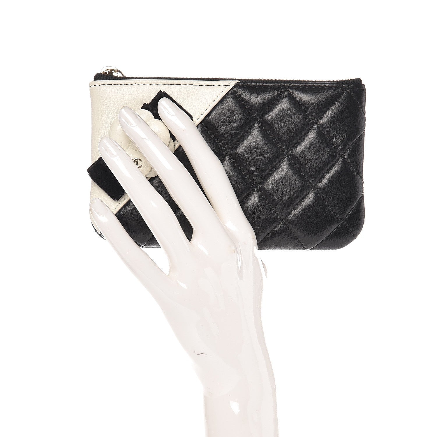 Chanel Lambskin Quilted Small Camellia Cosmetic Pouch Black White 2 of 8
