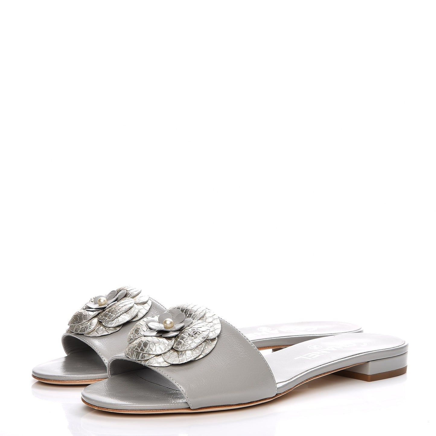 Calfskin Python Camellia Sandal Mules 38.5 Grey Silver