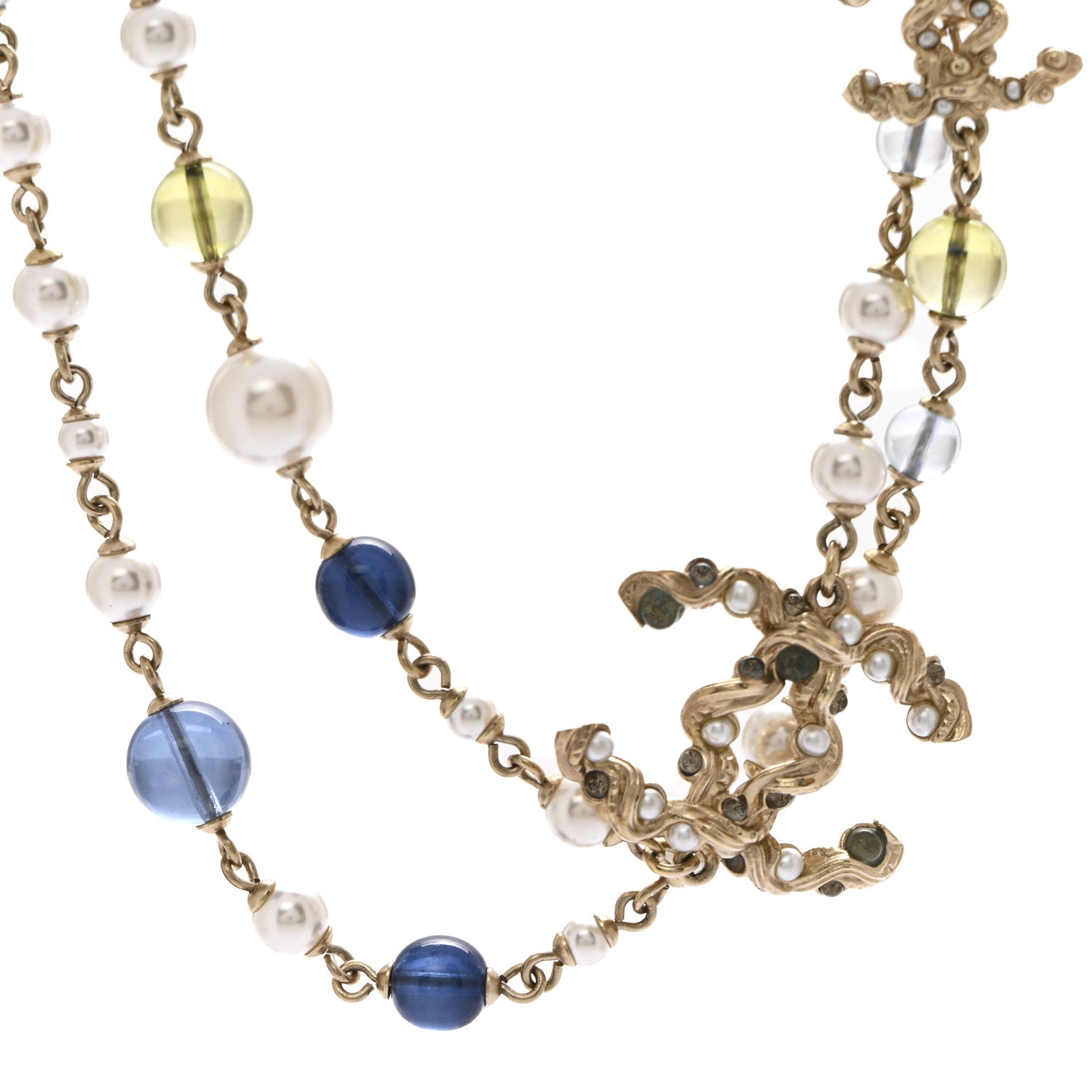 Chanel Pearl Glass Bead CC Long Necklace Blue Gold 4 of 6