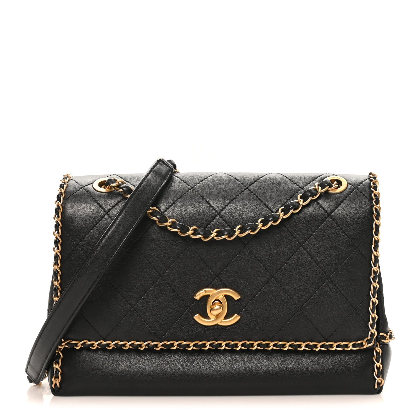 Calfskin Stitched Chain Flap Black
