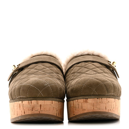 Chanel Suede Calfskin Shearling Turn Lock Clogs 38 Green 3 of 13