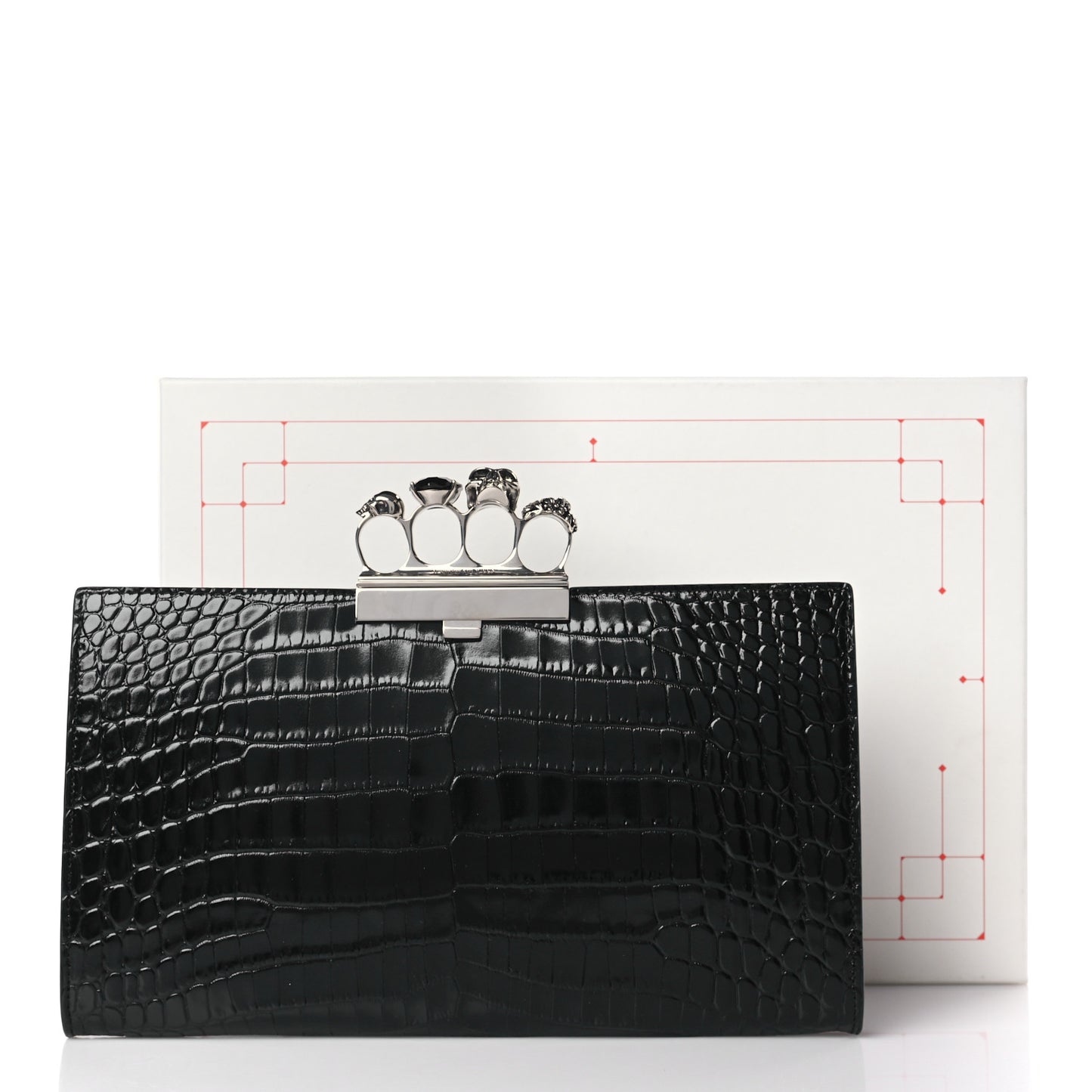 Calfskin Crocodile Embossed Knuckle Flat Clutch Black