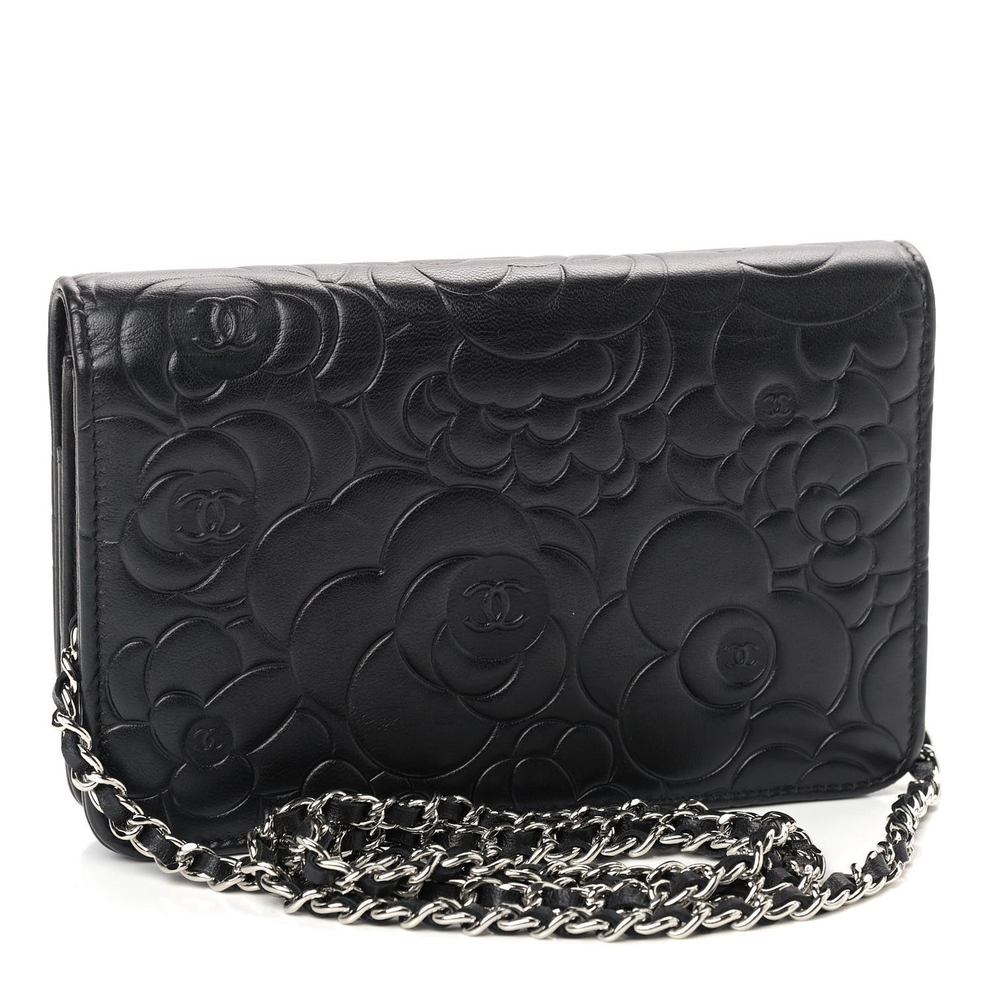 Lambskin Camellia Embossed Wallet on Chain WOC Black