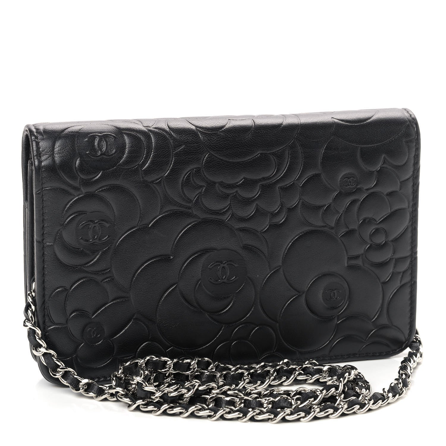 Chanel Lambskin Camellia Embossed Wallet on Chain WOC Black 3 of 9