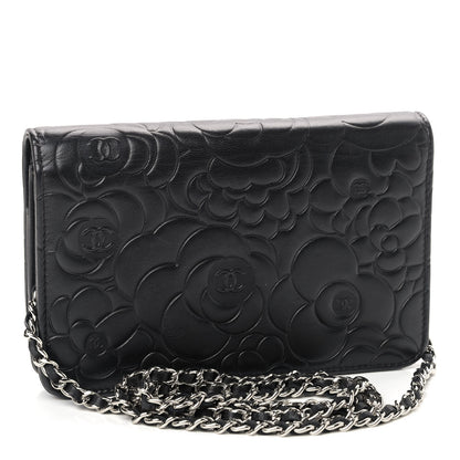 Chanel Lambskin Camellia Embossed Wallet on Chain WOC Black 3 of 9