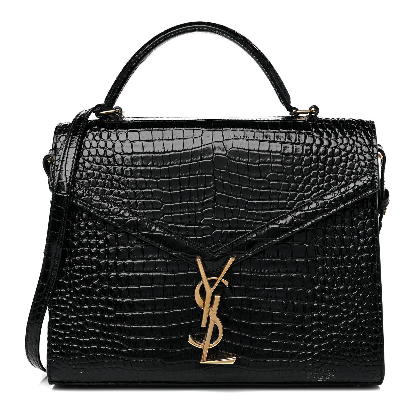 Calfskin Crocodile Embossed Medium Classic Monogram Cassandra Top Handle Black