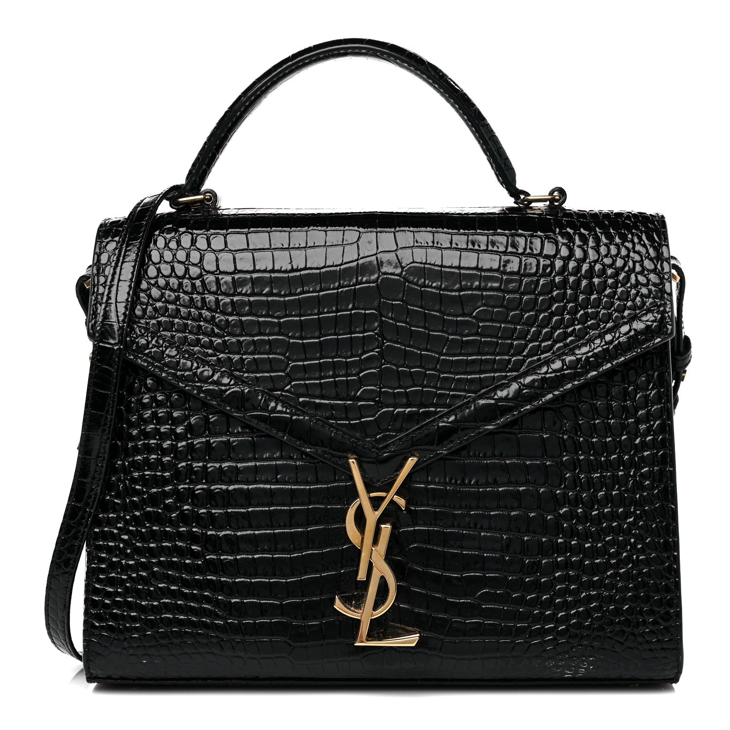 Saint Laurent Calfskin Crocodile Embossed Medium Classic Monogram Cassandra Top Handle Black 1 of 19