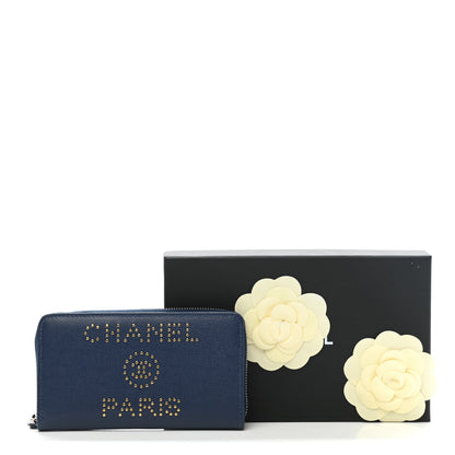 Chanel Caviar Studded Deauville Small Zip Around Wallet Navy 8 of 8