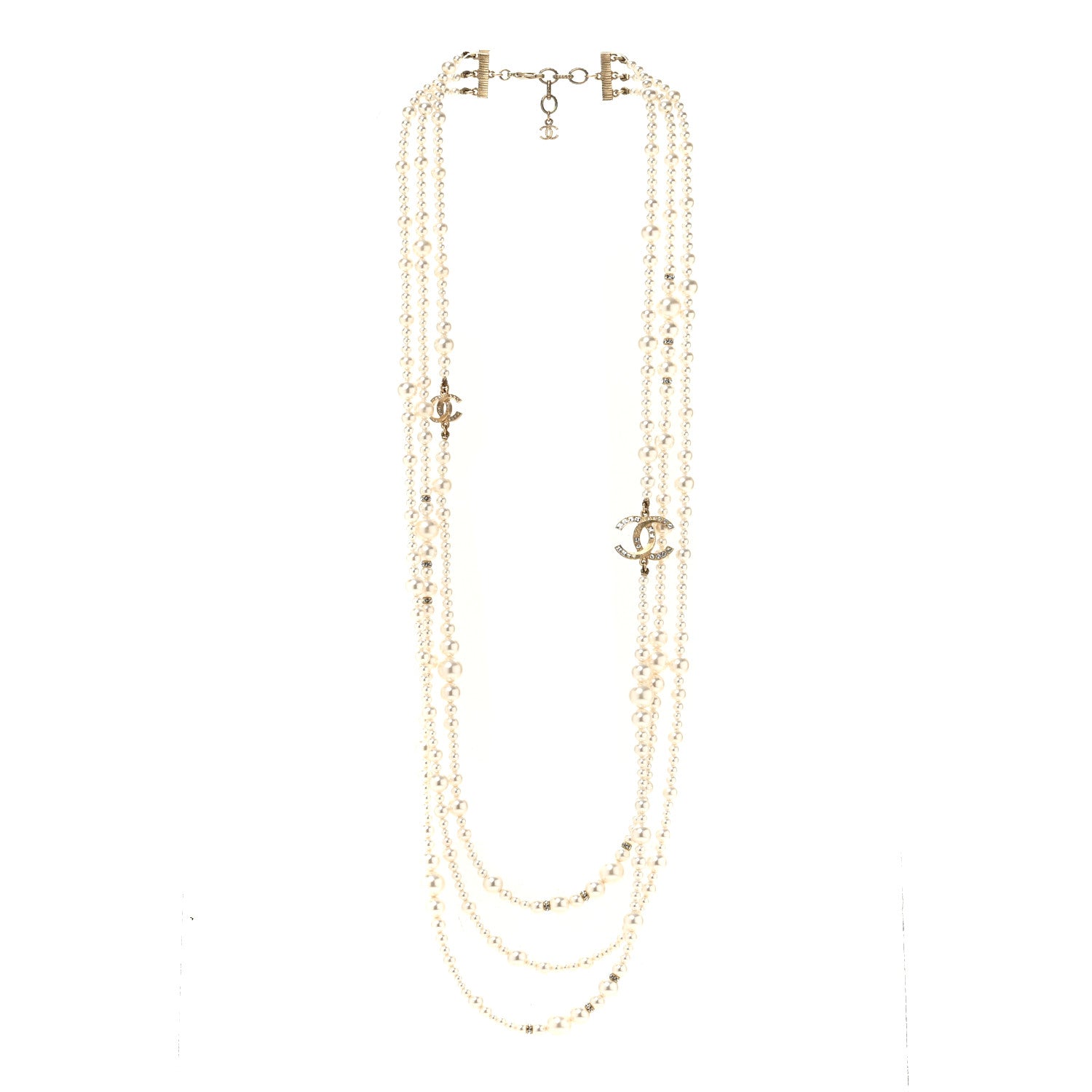 Chanel Metal Pearl Crystal Graduated CC Multi Strand Necklace Gold 3 of 5